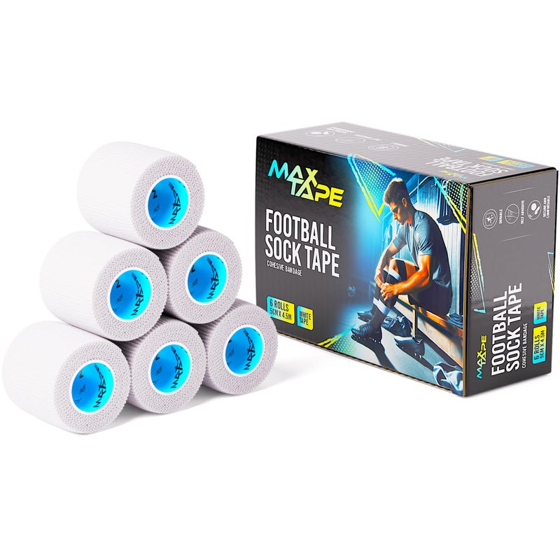 Max Tape Cohesive Bandage Football Sock Tape, Shin Pad Tape 5cm x 4.5m Box of 6 (White)